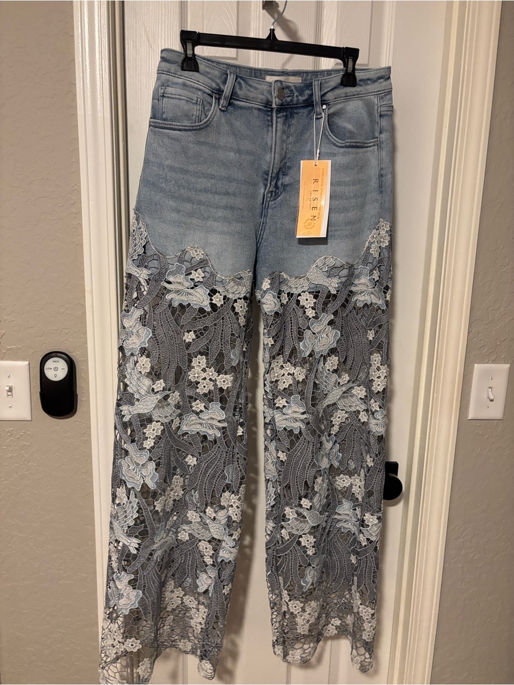 Women’s Light Blue Denim Jeans with Floral Lace Overlay 13/31